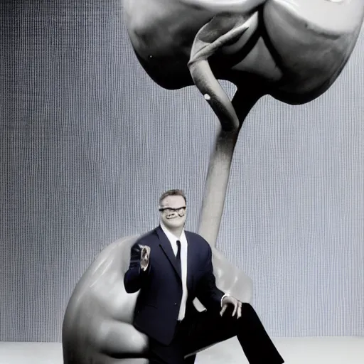 Prompt: Drew Carey 1997 wearing a navy suit and necktie sitting on top a giant Apple, b&w promo still