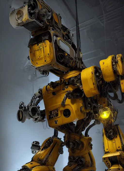 Image similar to a photorealistic dramatic hyperrealistic render of a futuristic exosuit power loader heavy machinery, ultra realistic details, glossy yellow, well worn, rust, oil stains by vitaly bulgarov and mike nash, beautiful dramatic dark moody tones and lighting, cinematic atmosphere, studio lighting, global illumination, shadows, dark background, octane render, 8 k