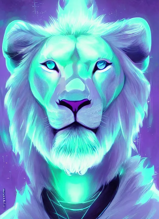 Image similar to !dream aesthetic portrait commission of an albino male furry anthro lion wearing a mint colored thin cloack, pastel Neon lense flares. Atmospheric. Character design by charlie bowater, ross tran, artgerm, and makoto shinkai, detailed, inked, western comic book art, 2021 award winning painting