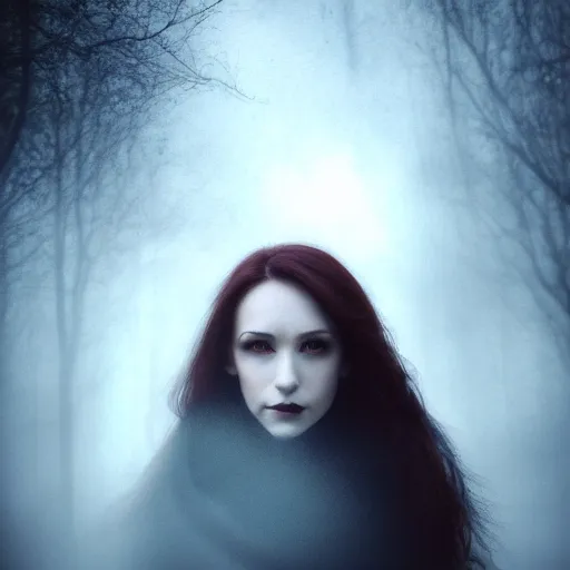 Image similar to riveting charismatic brunette female vampire, portrait, atmospheric lighting, painted, intricate, highgate cemetery, fog, cold, volumetric lighting, beautiful, blue moon light, sharp focus, deep colours, ultra detailed, by leesha hannigan, ross tran, thierry doizon, kai carpenter, ignacio fernandez rios