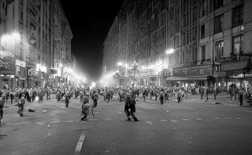 Image similar to 1990s movie still of a yougoslavian street with a large crowd fighting soviet soldiers, with stalinist style highrise, Cinestill 800t 35mm black and white, heavy grainy picture, very detailed, high quality, 4k panoramic, HD criterion, streetlight at night, foggy