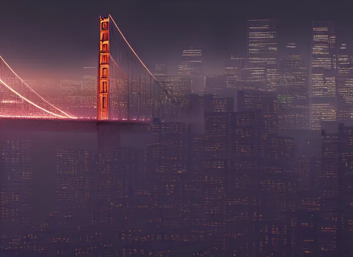 Prompt: cyberpunk scifi scene of san francisco skyline at night, golden gate bridge, artstation, matt painting, very detailed, maximalism, ambient occlusion, volumetric light, atmospheric haze, unreal engine, hyper realism, realistic shading, cinematic composition, realistic render, octane render, detailed textures, photorealistic, wide shot