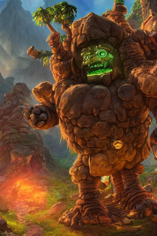 Image similar to zelda fantasy art giant golem troll wood rock greeble gemstone, global illumination ray tracing hdr fanart arstation by sung choi and eric pfeiffer and gabriel garza and casper konefal