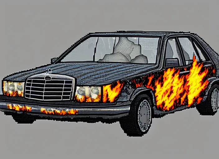 Prompt: burning wrecked mercedes 1 2 4, pixelart by kirokaze, award winning. dramatic. trending on artstation. very low quality, low resolution sync by honeybunny