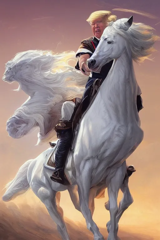 Image similar to donald trump on a majestic white horse, digital painting, artstation, concept art, smooth, sharp focus, illustration, in - frame, centered, art by artgerm and donato giancola and joseph christian leyendecker, ross tran, wlop