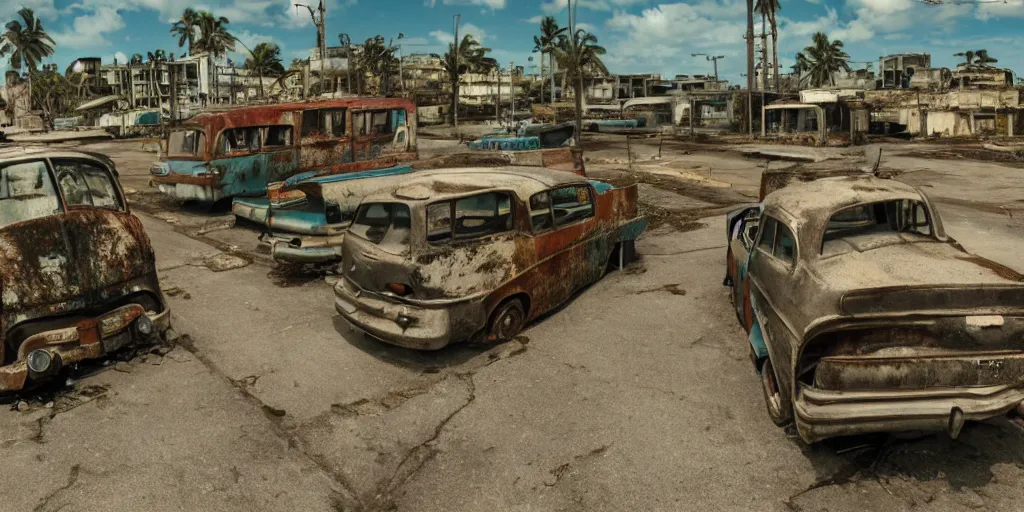 Image similar to wide angle shot of dilapidated fallout 5 tropical coastal city in real life, desolate, dilapidated, empty streets, some rusted retro futuristic vintage styled parked vehicles like cars, buses, trucks, trams, sunny weather, few clouds, volumetric lighting, photorealistic, daytime, spring, sharp focus, ultra detailed, technicolour 1