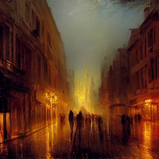 Image similar to highly detailed painting of night streets of belgrade, by william turner, by greg rutkowski, by william constable, thick brush strokes and visible paint layers, 4 k resolution