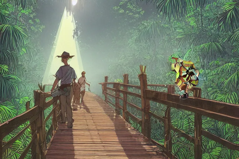 Prompt: a young indiana jones on a wooden bridge entering a vast jungle with a distant clearing, half hidden balinese monster statue, white parrots flying, banana trees, beautiful large flowers, god rays light. very graphic illustration by moebius and victo ngai, ghibli spirited away vibe, dynamic lighting, night mood