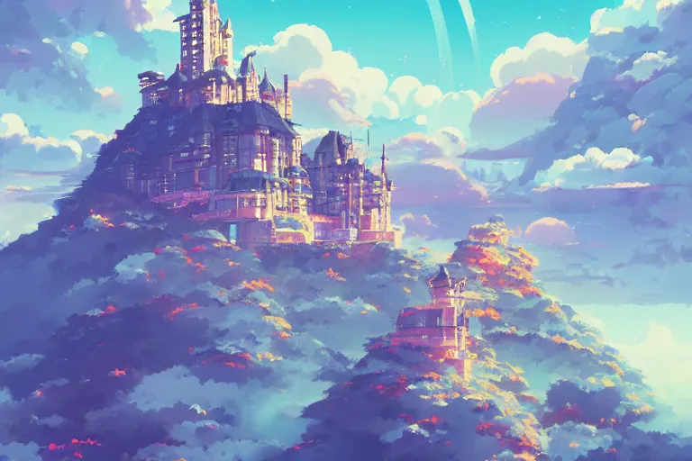 Image similar to retro - futurism anime castle on a mountain in clouds with lots of details look from above rule of thirds golden ratio, fake detail, trending pixiv fanbox, acrylic palette knife, style of makoto shinkai studio ghibli genshin impact james gilleard greg rutkowski chiho aoshima