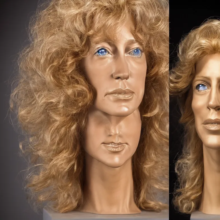 Image similar to studio photograph of colorful postmodern portrait sculpture of farrah fawcett on charlie's angels, beautiful symmetrical!! face accurate face detailed face realistic proportions, made of ink - stained beeswax on a pedestal by ron mueck and matthew barney and greg rutkowski, hyperrealism cinematic lighting shocking detail 8 k