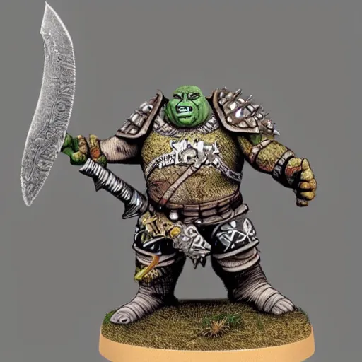 Image similar to ogre warrior wearing plated armor who is holding a battle axe in the style of warhammer fantasy : : head and torso drawing