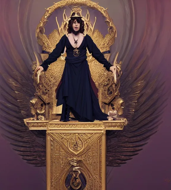 Image similar to god of death, young male, in the underworld, elegant dark blue dress, very detailed, throne, very intricate details, jewelry, gold eyeshadow, elaborate long black hairstyle, wings, cinematic, artstation, william bouguereau, alphonse mucha, greg rutkowski, rossdraws, octane render