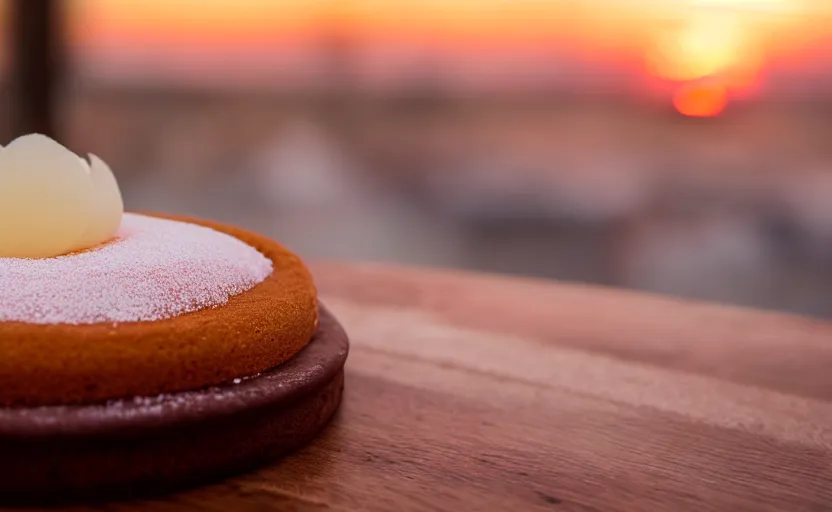 Image similar to A photo of a swedish cake from the side on a wooden table, covered with pink marzipan, some powder sugar and a marzipan leaf. Sunset. 4K. Cinematic lighting. High detail. Realistic. Delicious.