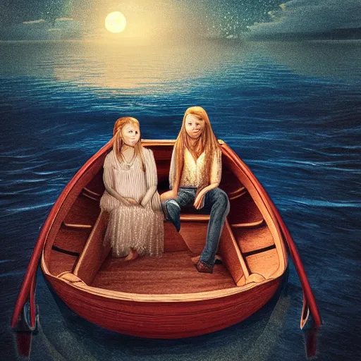 Prompt: father and daughter in a small boat late at night with the moon reflecting across the water,8k, hyper realistic, realistic waves, highly ornate intricate details, symmetrical artwork, digital artwork, cinematic, deep aesthetic, rich color,