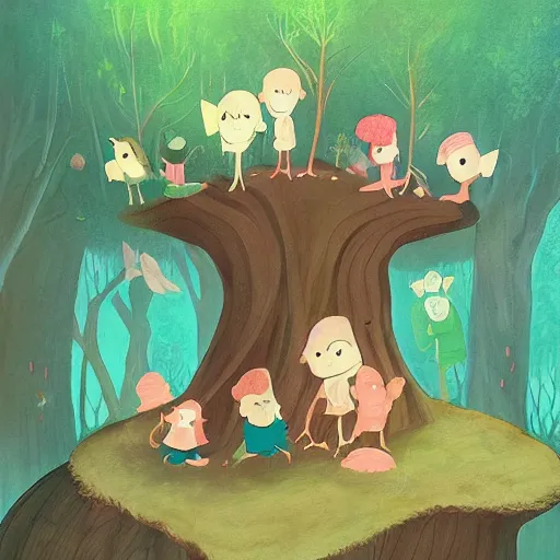 Image similar to a family of faeries living inside a hollow in a tree, masterpiece soft focus painting by kerascoet by marie pommepuy and sebastien cosset, dynamic lighting