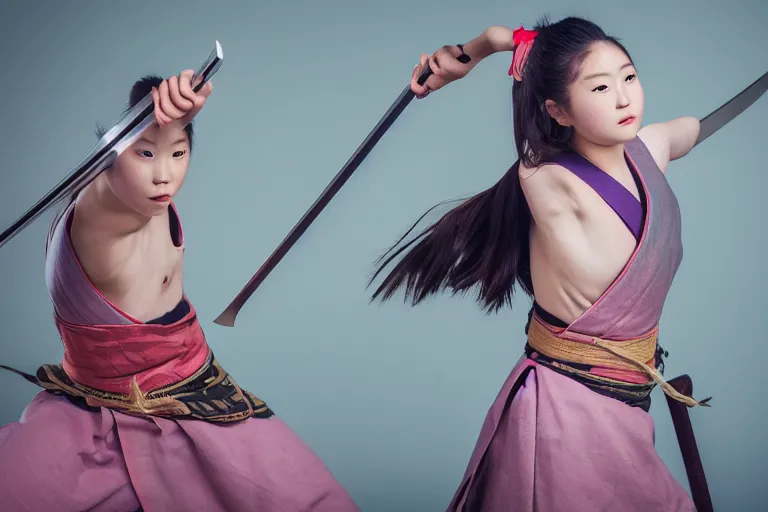 Image similar to beautiful photo of a young female samurai, practising sword stances, symmetrical face, beautiful eyes, huge oversized anime sword, award winning photo, muted pastels, action photography, 1 / 1 2 5 shutter speed, dramatic lighting