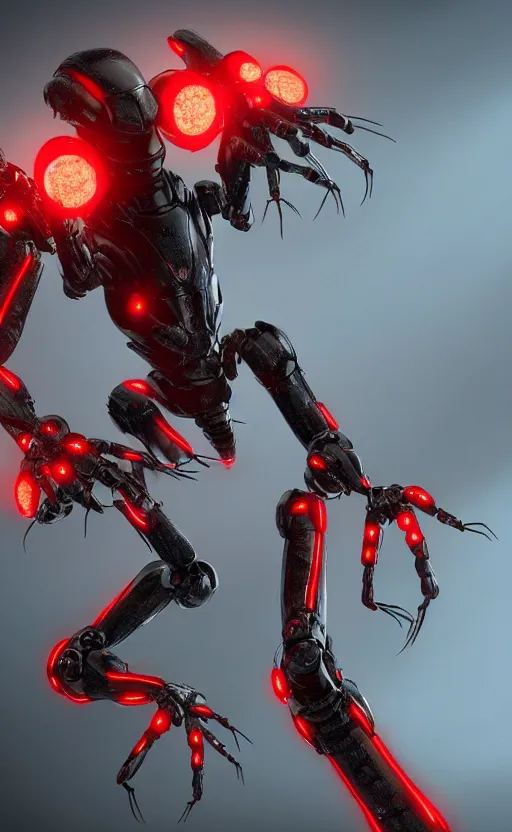 Image similar to a robot humanoid spider with 4 arms with claws, glowing red eyes, in a black carbon and red fiber armor, smiling creepily, dynamic lighting, photorealistic fantasy concept art, trending on art station, stunning visuals, creative, cinematic, ultra detailed