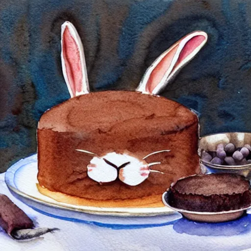 Prompt: a rabbit baking a chocolate cake, realistic watercolour