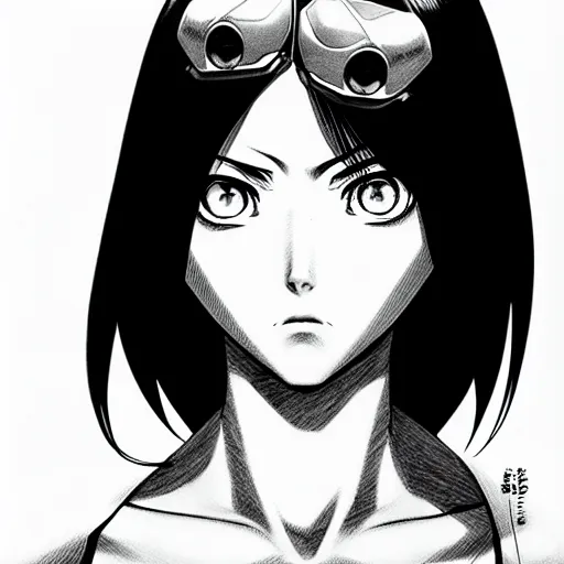 Image similar to alita by yukito kishiro. medium shot. black and white manga. pencil drawing. high detailed face