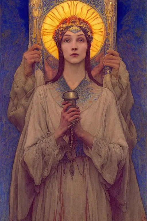 Image similar to queen of the dawn with her lantern, by Annie Swynnerton and Nicholas Roerich and jean delville, dramatic cinematic lighting , ornate headdress , flowing robes, lost civilizations, extremely detailed