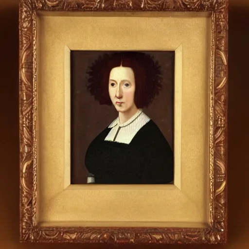 Prompt: portrait of a 40 years old women, dark red hair, green eyes, in historic clothing, 17th century painting, no background