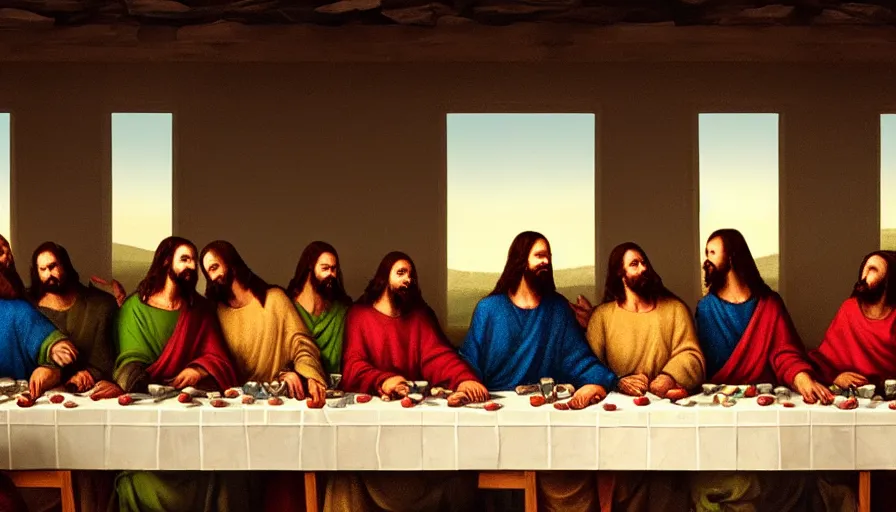 Image similar to Drunk Jesus Christ in The Last Supper, hyperdetailed, artstation, cgsociety, 8k