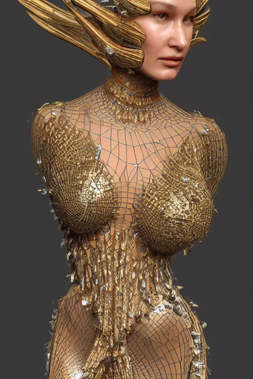 Image similar to a highly detailed metahuman 3 d render of an alien goddess bella hadid in iris van herpen dress schiaparelli in diamonds and jewelry in style of alphonse mucha trending on artstation made in unreal engine 4