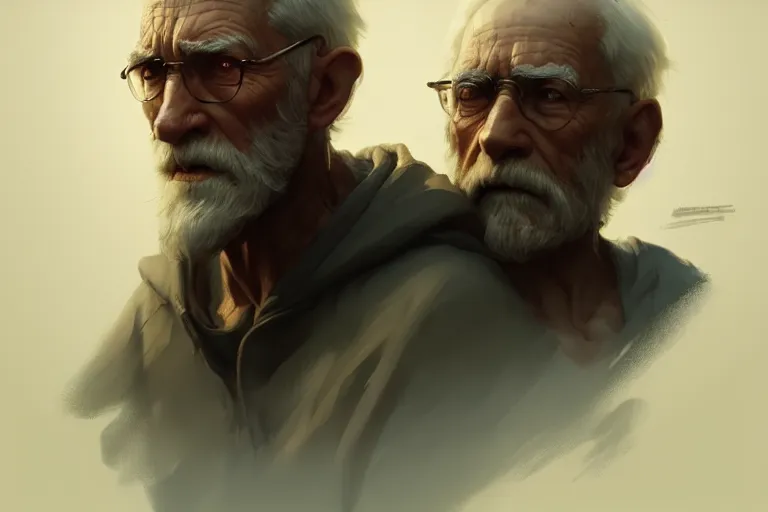 Image similar to a boy and an old man, cinematic, highly detailed, digital painting, artstation, concept art, matte, sharp focus, illustration, art by artgerm and greg rutkowski