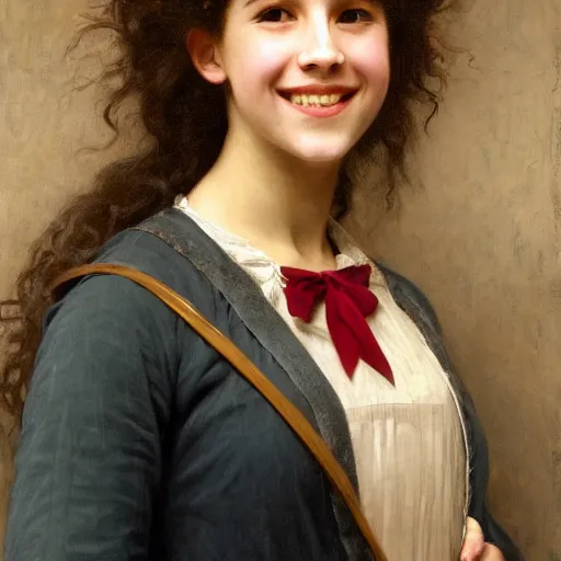 Image similar to painting of claudia vega as hermione granger. smiling. happy. cheerful. art by william adolphe bouguereau. extremely detailed. beautiful. 8 k. award winning.