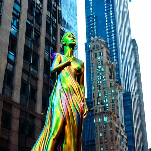 Prompt: An iridescent statue of a woman in New York city