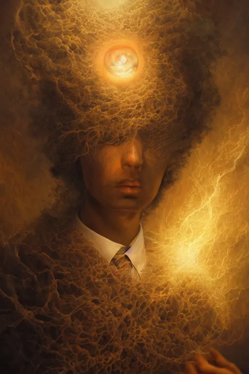 Image similar to intricate stunning highly detailed portrait of gerard quintana, digital painting by agostino arrivabene and vladimir kush, surreal, ultra realistic, horror vacui, dramatic lighting, full moon, thick black swirling smoke tornado, burning fire embers, artstation