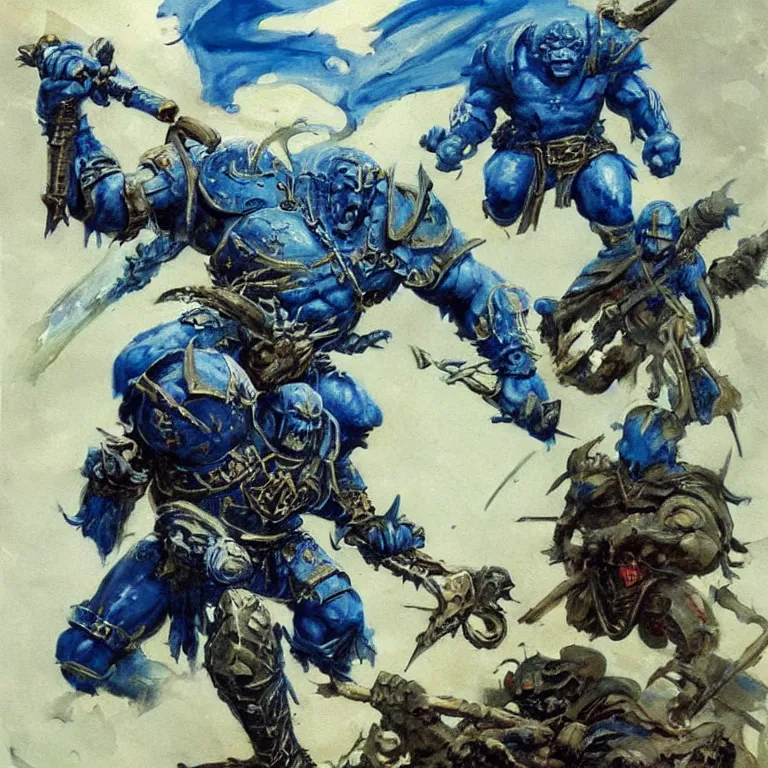 Image similar to a beautiful painting in the style of frank frazetta of a warhammer 4 0, 0 0 0 ultramarine holding a chainsword on top of a pile of dead ork greenskins