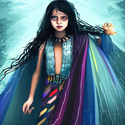 Image similar to mysterious girl child with her long black hair dressed in a chequered robe, chequered cape, carrying blue very big magical crystal, storm inside a fantasy crystal, epic scene, atmospheric, surrounded by magical light, digital art, hd, 4 k, hyper detailed