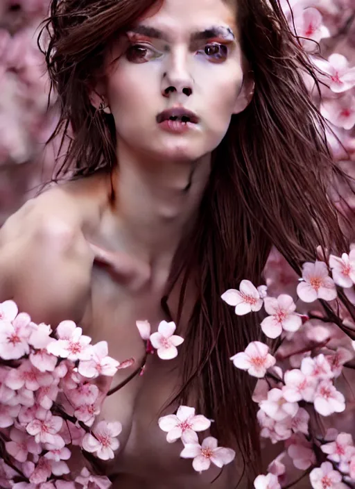 Image similar to photo of a gorgeous female with messy hair in the style of stefan kostic, realistic, body shot, sharp focus, 8 k high definition, insanely detailed, intricate, elegant, art by stanley lau and artgerm, cherry blossoms