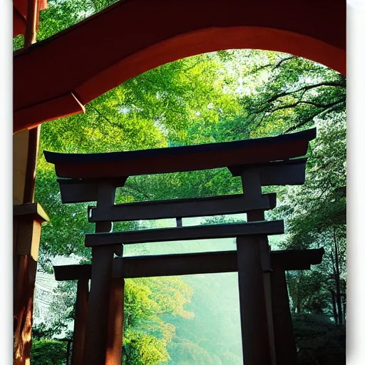 Image similar to a japanese landscape filled with torii arches, dawn, by adriane tomine