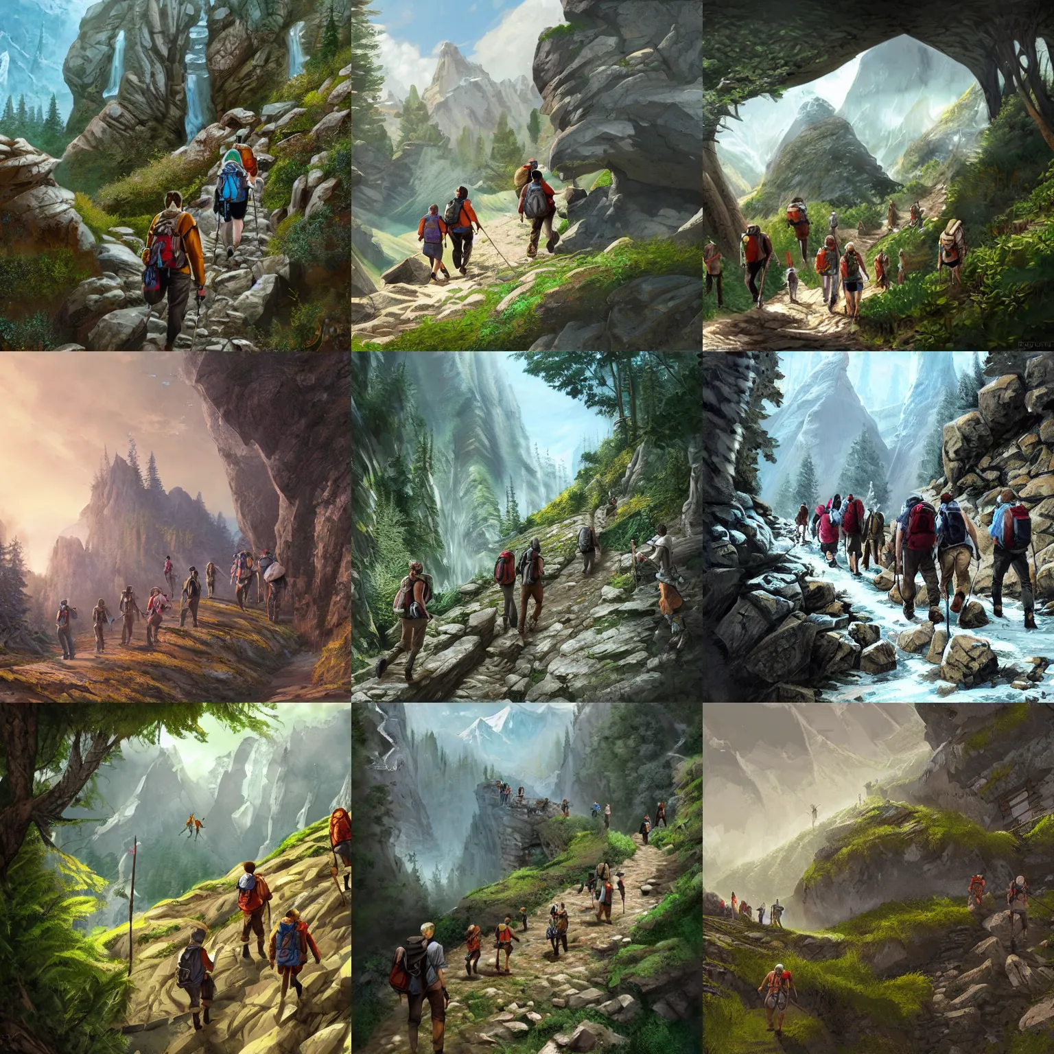 Prompt: A group of travelers making their way up a mountain trail. Wide, concept art, award-winning fantasy art