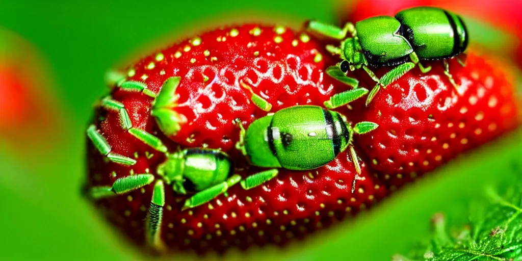 Image similar to macro photorealism, little scarry insects living on strawberry