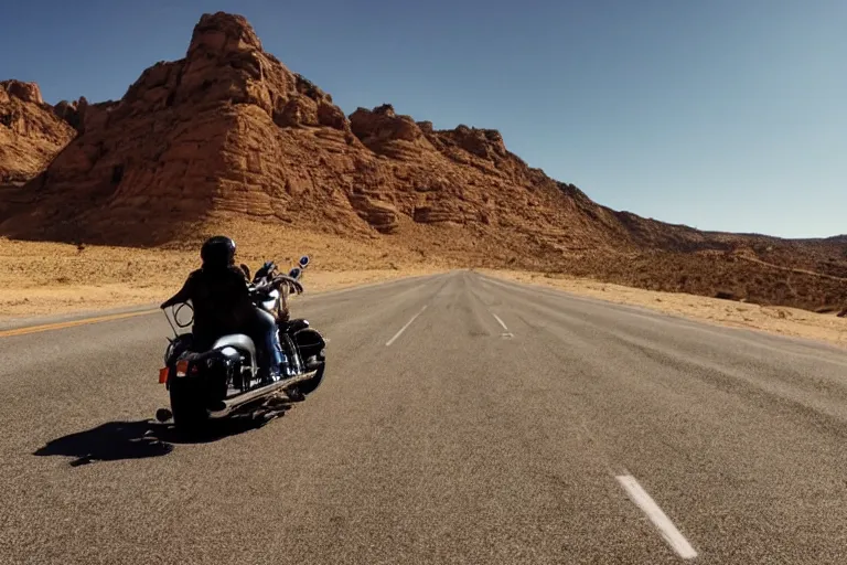 Prompt: riding a harley davidson on a desert road, cinematic