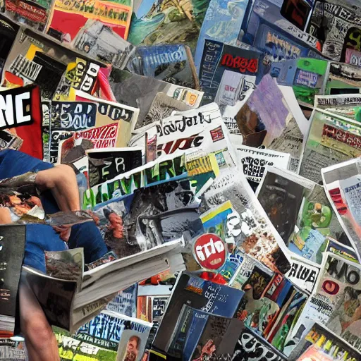 Image similar to a professional photographic collage and a young angry man ripping the magazines and newpapers, high definition, highly detailed, photo-realistic, unreal engine render, 16k