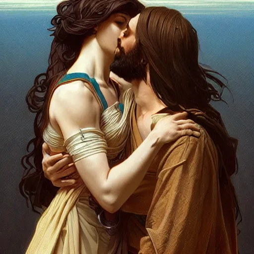 Image similar to 1 8 th jesus kissing a woman, intricate, elegant, highly detailed, digital painting, artstation, concept art, matte, sharp focus, illustration, art by artgerm and greg rutkowski and alphonse mucha