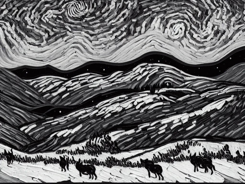 Prompt: thick impasto textured oil black and white painting of the laurentian appalachian mountains in winter by vincent van gogh, unique, original and creative landscape, snowy night, distant town lights, aurora borealis, deers and ravens, footsteps in the snow, brilliant composition