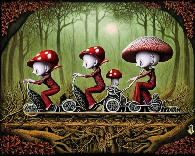 Prompt: intricate detailed mushroom elves riding train in a dark mysterious forest by mark ryden