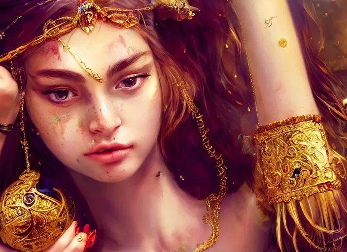 Prompt: full body picture of a pirate girl, hard breathing, messy hair, very excited, sparkling eyes, front of the treasure box, jewels and gold on the background, coveted, beautiful and aesthetic and attractive and detailed face, specular reflection, occlusion shadow, intricate, bokeh, masterpiece, by ilya kuvshinov and ross tran and quentin mabille