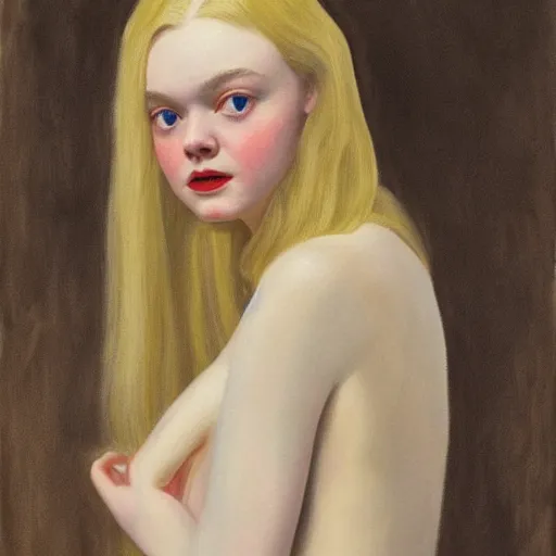 Image similar to Painting of Elle Fanning summoning the devil, long blonde hair, delicate, pale milky white porcelain skin, by Edward Hopper. Extremely detailed.