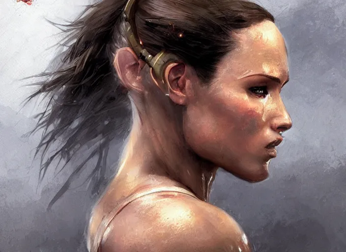 Image similar to portrait of lara croft as a beautiful female bodybuilder android with plump lips, elegant, fantasy, hd shot, digital portrait, beautiful, artstation, comic style, by artgerm, guy denning, jakub rozalski, magali villeneuve and charlie bowater