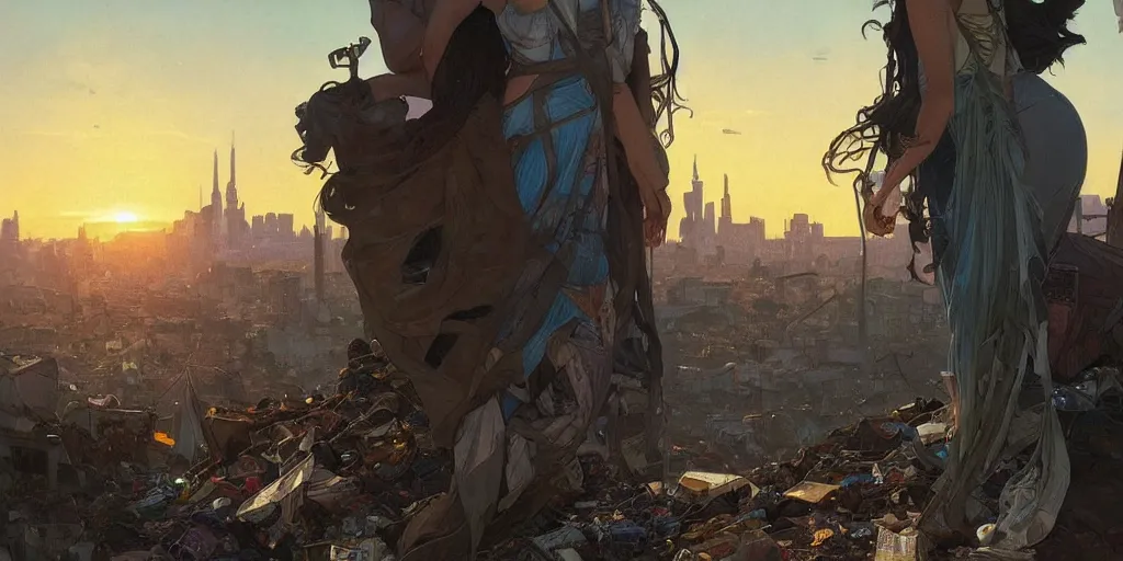 Image similar to seen from broken window!! garbage dump, city is pure wasteland, sunset in background, detailed characters, alphonse mucha, greg rutkowski, trending on artstation, artgerm, breathtaking, sharp focus, smooth, mark arian, award winning, highly detailed 4 k art