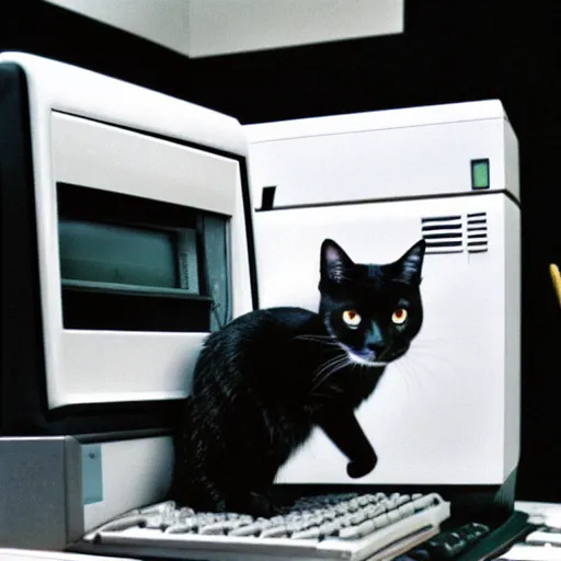 Image similar to a 80s Polaroid of a cat with a suit working at a Macintosh computer inside an office