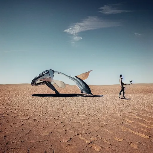 Image similar to 🐋🐳🐉🤖 in desert, photography by bussiere rutkowski andreas roch