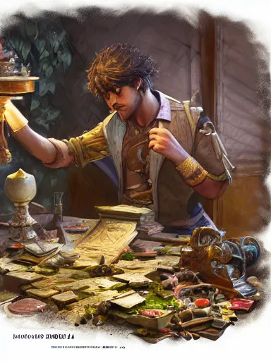 Image similar to a magical male socerer, working in a table full of artifacts. weeds anf flowers growing on the floor. intricate, elegant, highly detailed, digital painting, artstation, concept art, sharp focus, illustration, by justin gerard and artgerm, 8 k