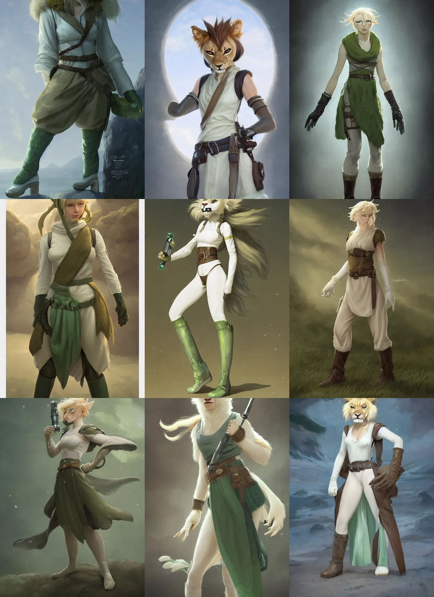 Prompt: beautiful portrait of a female anthropomorphic lioness fursona wearing sleeveless pale - white and pale - green jedi tunic. leather gloves. leather boots. leather belt. character design by charlie bowater, ross tran, artgerm, and makoto shinkai, detailed, soft lighting, rendered in octane